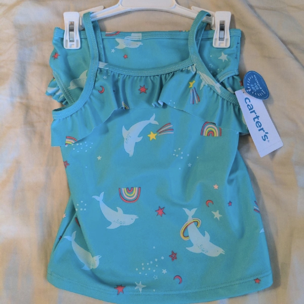 NWT Carter's 2 piece swimsuit 2T teal with dolphins